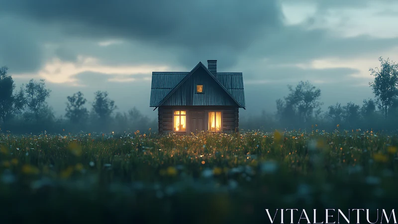 Isolated timber cottage with warm interior light at blue hour