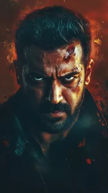 Intense male portrait with bruises and fiery background.