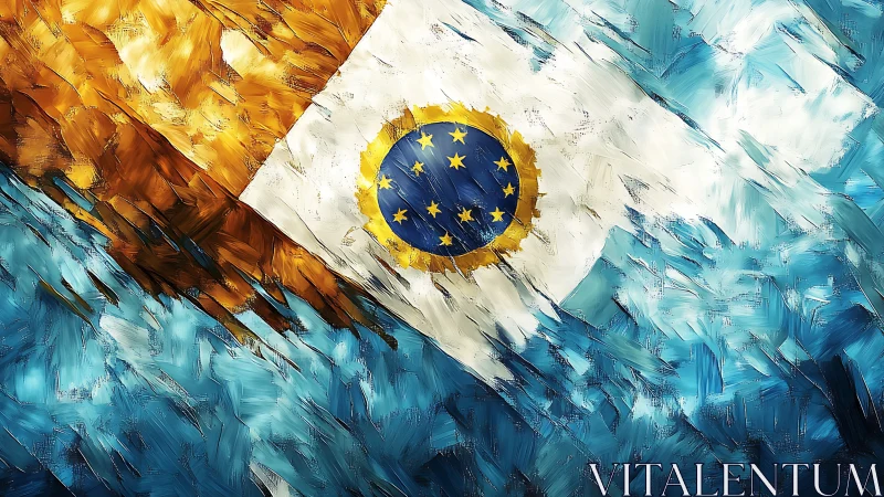 Brushstroke storm over abstract blue and gold banner flag.