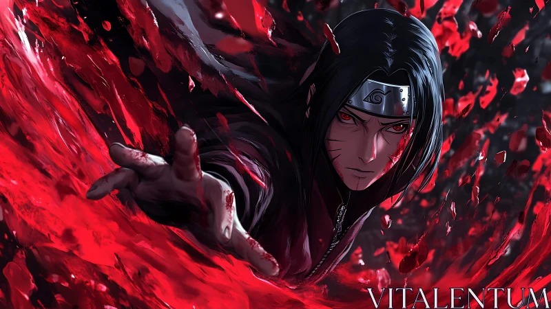 Intense anime ninja lunging through swirling crimson shards