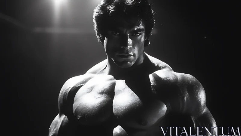 Moody spotlight portrait of determined bodybuilder strength.