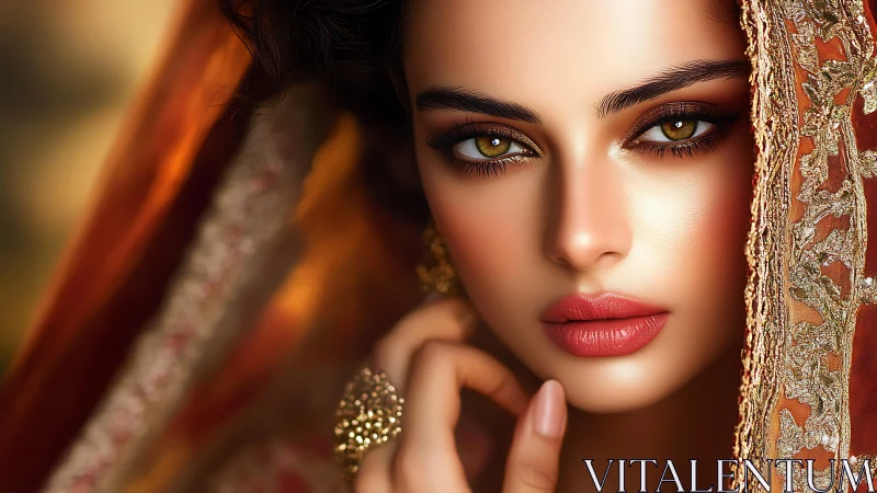 Gilded gaze beneath ember silk, bridal mystery unveiled.