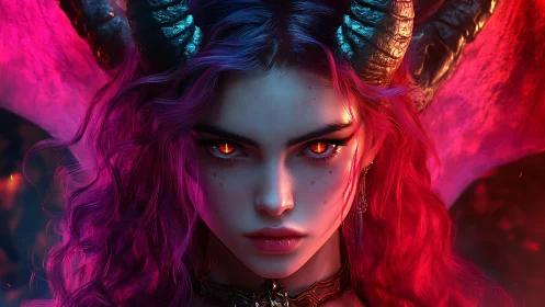 Demonic sorceress portrait with glowing eyes and horns.