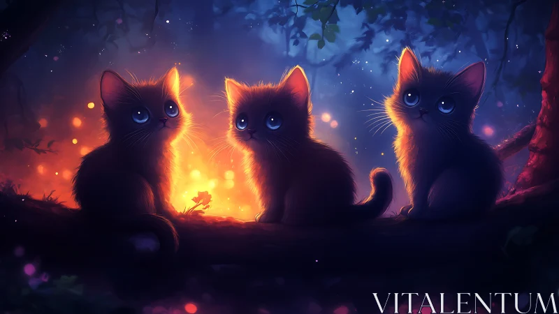 Three Luminescent Kittens Silhouetted Against Glowing Campfire