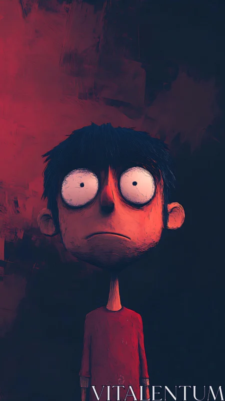 Cartoon boy portrait in red and dark contrasting background.