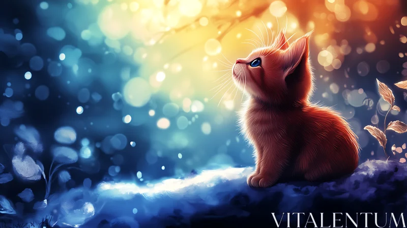 Orange kitten on branch under dual blue and gold lighting.