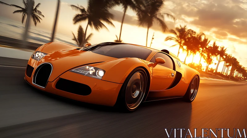 Orange sports car on coastal highway at low sunset light.