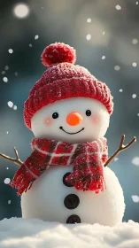 High-detail snowman with knitted red attire under soft snowfall