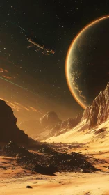 Golden alien valley welcomes a lone starship at dusk