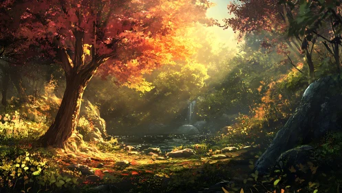 Golden Forest Sanctuary: Ancient Tree and Cascading Waterfall.