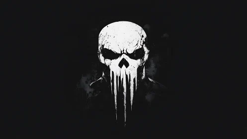 Monochrome dripping skull emblem on deep black field.