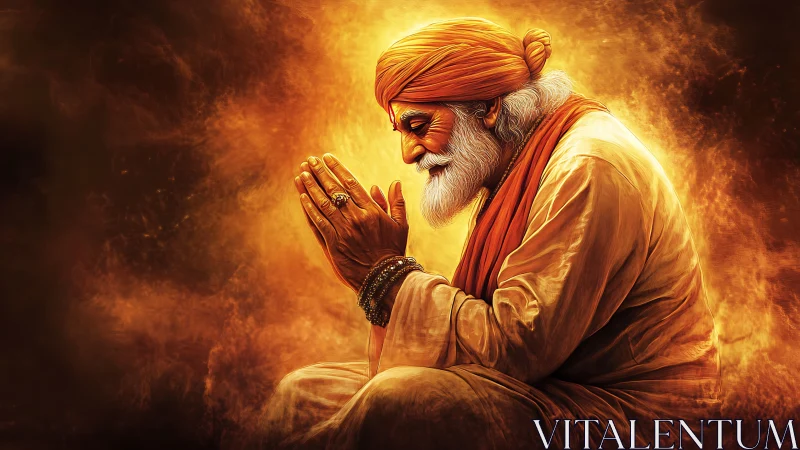 Elder mystic in golden prayer, side-profile digital portrait.