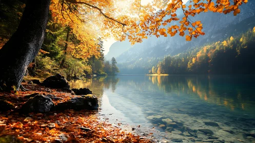 Autumnal lakeshore with backlit foliage and high dynamic range reflections