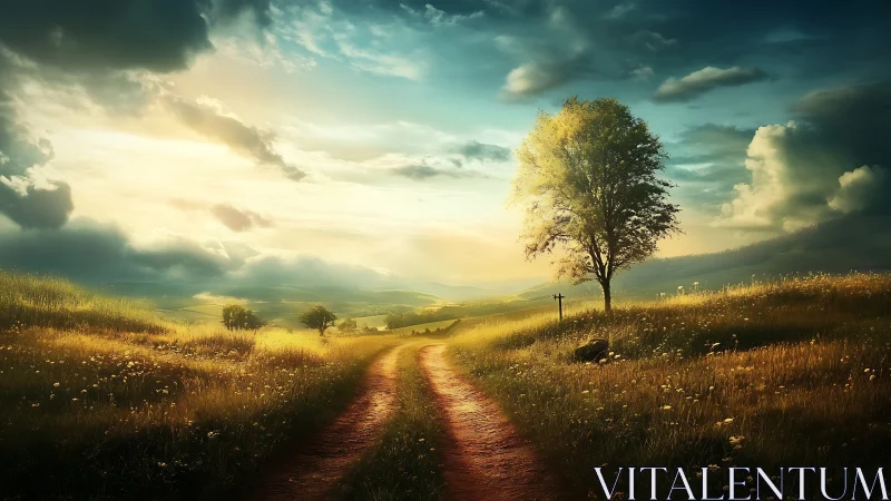 Sunlit country path winding gently through golden meadows.