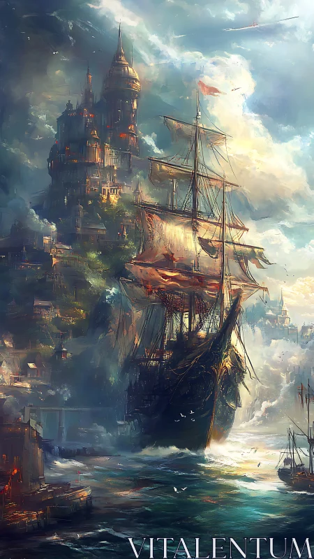 Atmospheric tall ship approaching vertically tiered cliff citadel.
