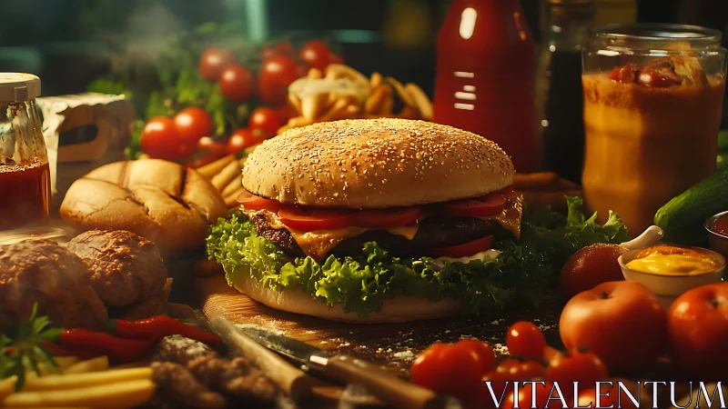 Hearty cheeseburger feast surrounded by fresh, colorful sides.