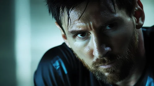 Intense male athlete close-up under cool dramatic lighting