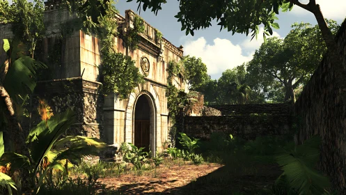 Overgrown stone courtyard and arched entrance in sunlight.