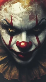 Close frontal view of ominous painted clown face portrait.