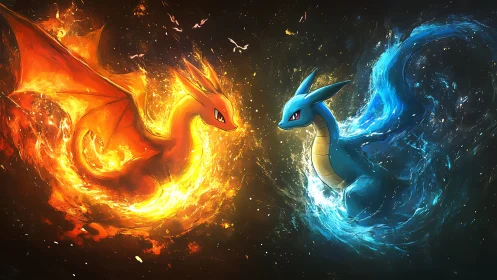 Elemental dragon duel divides blazing fire and rushing water.