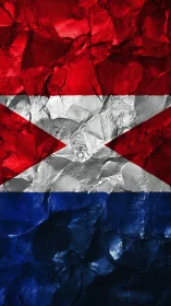 Crushed metal texture showing red, white and blue pattern