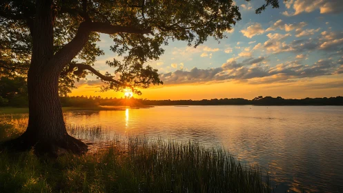 Sunset light pouring across tranquil lakeside shallows.