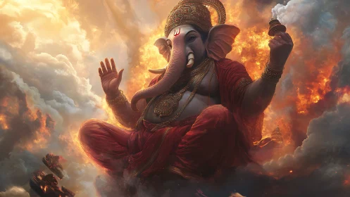 Divine elephant-headed deity rendered in dramatic celestial light