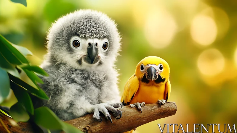 Fluffy Baby Parrot and Yellow Parakeet on Branch, Vibrant Nature Art.