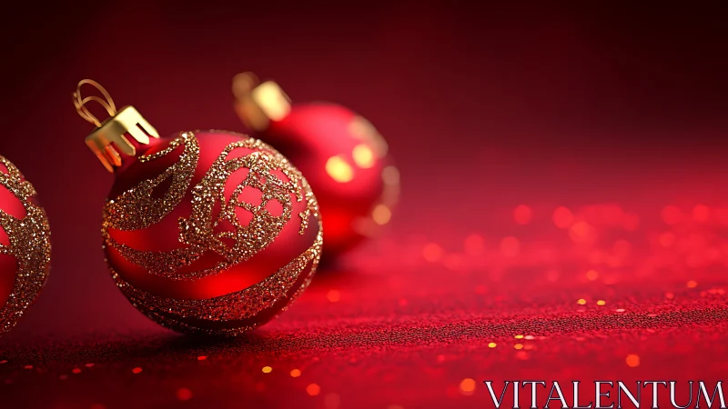 Macro closeup of glittered red Christmas baubles on bokeh field