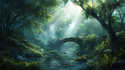 Mystical Forest Stream with Stone Bridge and Sunlight.