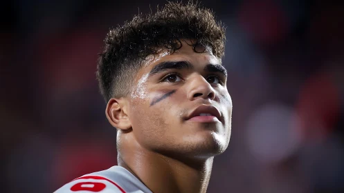 Young football player gazes upward under stadium lights.