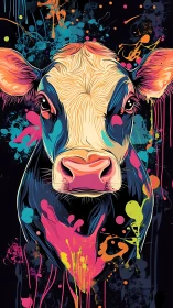 Neon-splashed cow stares through a galaxy of paint drips.