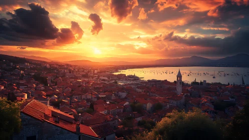 Sunset over coastal town with harbor and dramatic clouds.