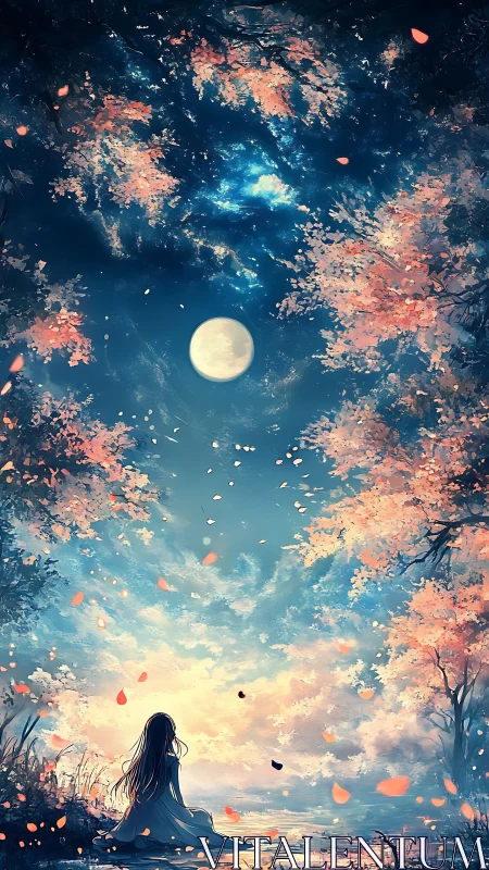 Moonlit petal cascade above a lone dreamer by the water.