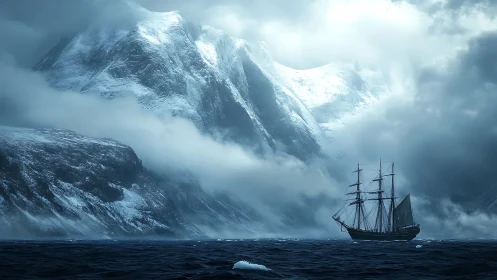 Three-masted sailing ship in icy fjord beneath glacial cliffs