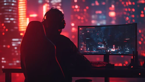 Cyber gamer monitors neon cityscape through curved display.