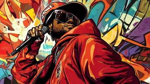 Bold hip-hop MC commands the stage amid neon graffiti walls.