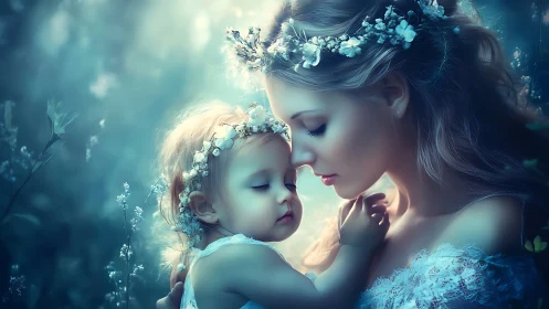 Mother and child with floral crowns in ethereal teal setting