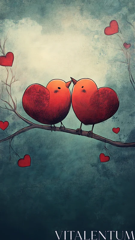 Two heart-shaped birds perched on branch with floating hearts