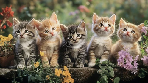 Five Kittens in Garden with Vibrant Flowers.