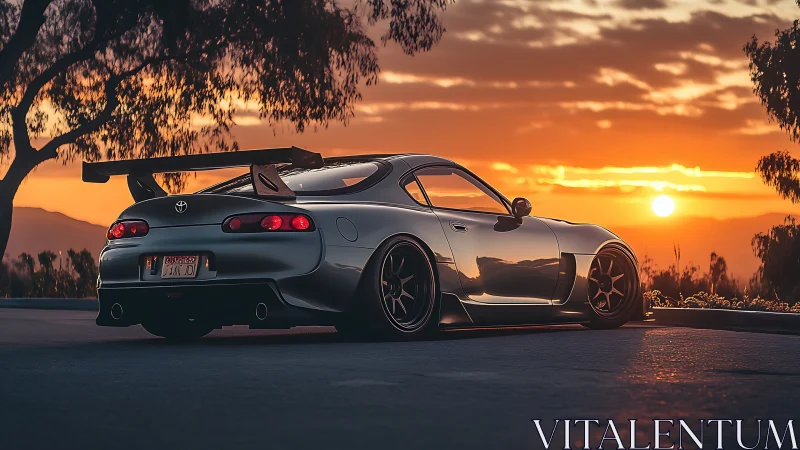 Modified Toyota Supra parked against vivid sunset sky.