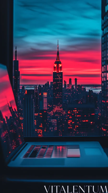 Neon city skyline glowing beyond a quiet evening laptop.
