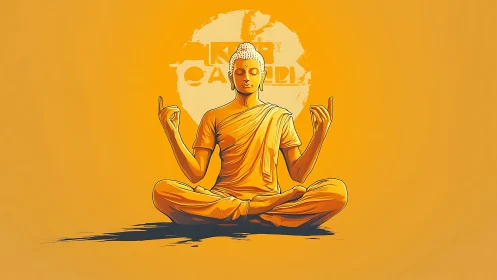 Serene meditating Buddha on monochrome orange field.