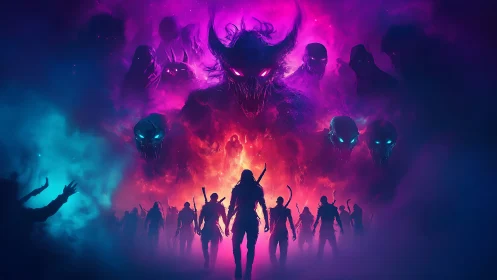 Heroic silhouettes walk toward a roaring neon demon sky