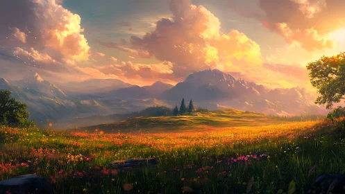 Sunlit wildflower valley dreaming beneath painted mountains.