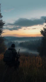 Quiet dawn greets a lone wanderer watching misty forest hills