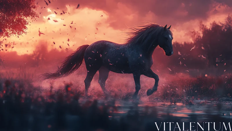 Dark horse moves through shallow water under red sky