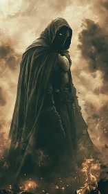 Cloaked cyber-knight emerging through incendiary atmospheric haze.