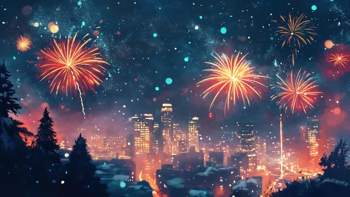Fireworks crown a winter city skyline in luminous celebration.
