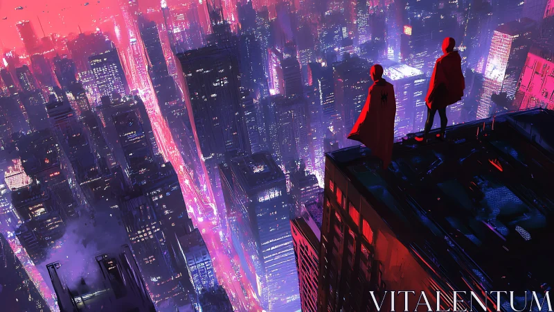 Twin sentinels surveying neon-saturated cybernetic megacity.